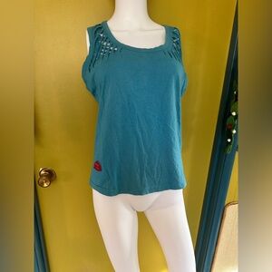 Burn’n Violet Rock n Roll top. Sexy peacock embroidery. Red guitar pic sewn on.4